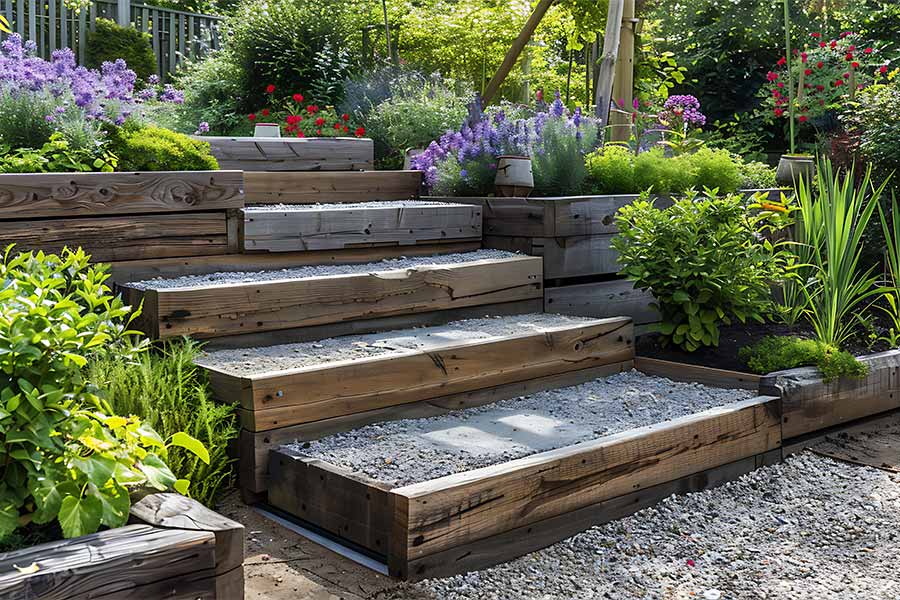 Timber sleepers used to create steps and retaining walls in this sloping garden